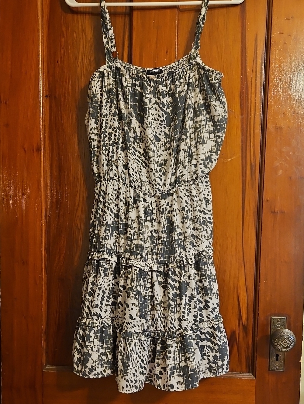 Express Gray & White Spotted Tiered Mini Sun Dress